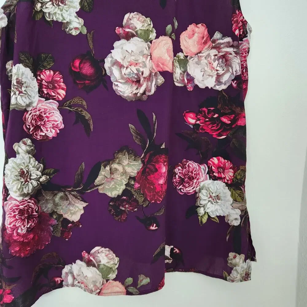 Calvin Klein Purple Rose Floral Sleeveless Keyhole Shell Career Blouse Top M